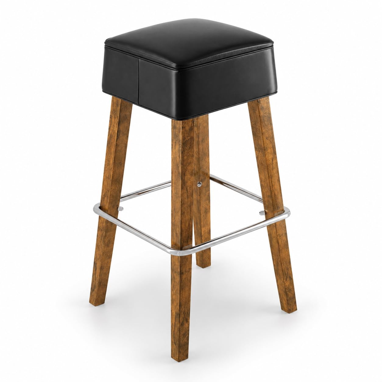 Glownary Sofia Vintage Wood Backless Bar Stool, Black Vinyl Padded Seat, Brown Beechwood Frame, 29.7 Inch Height, 350 lb Capacity, Indoor Use
