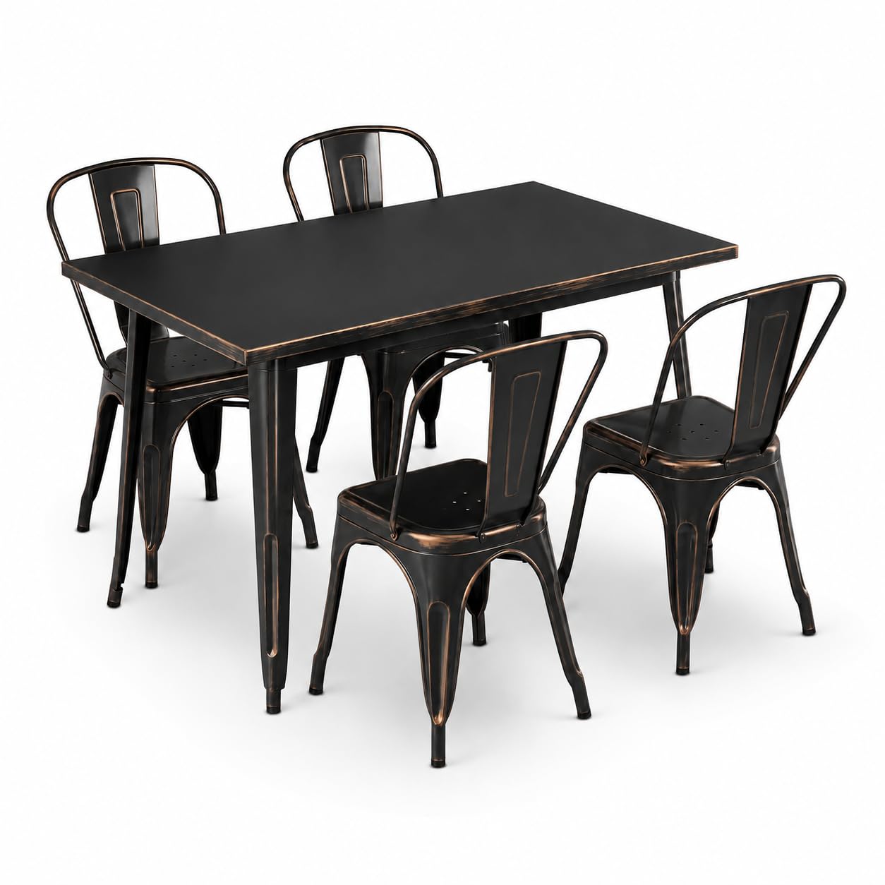 Glownary Outdoor Dining Set, Black Distressed Steel Table with 4 Cafe Chairs, 47.5x29.5 Inch Rectangle, Stackable, Standard Height