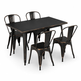Glownary Outdoor Dining Set, Black Distressed Steel Table with 4 Cafe Chairs, 47.5x29.5 Inch Rectangle, Stackable, Standard Height