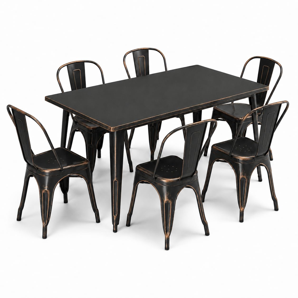 Glownary Alloy Outdoor Dining Set, Distressed Copper Steel Table with 6 Cafe Chairs, 63 x 31.5 Inch Rectangle, Stackable, Standard Height