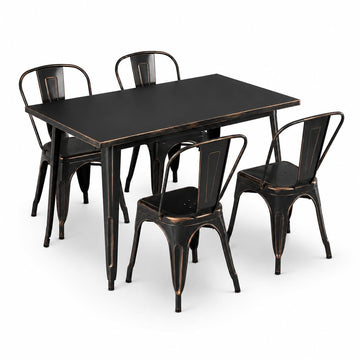 Glownary Outdoor Dining Set, Distressed Copper Steel Table with 4 Cafe Chairs, 47.5x29.5 Inch Rectangle, Stackable, Standard Height