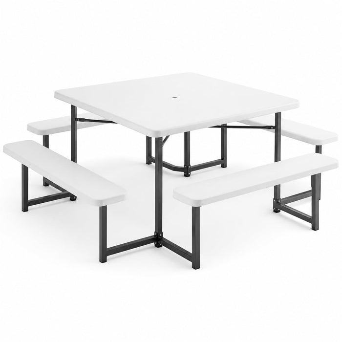 Glownary Square White Picnic Table with Attached Benches, 48 Inch, Steel Frame, Polyethylene Top, Umbrella Hole, Outdoor Use, 79.25x79.25x29 Inches