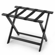 Glownary Black Acacia Wood Folding Luggage Rack, 24.75x14.25x19.75 Inches, 70 lb Capacity, Nylon Support Straps, Fully Assembled