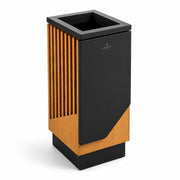 Glownary Square Decorative Outdoor Trash Can, Steel Wood Composite, Black Brown, 13 Gallon, Hinged Lid, 15x15x31.5 Inches