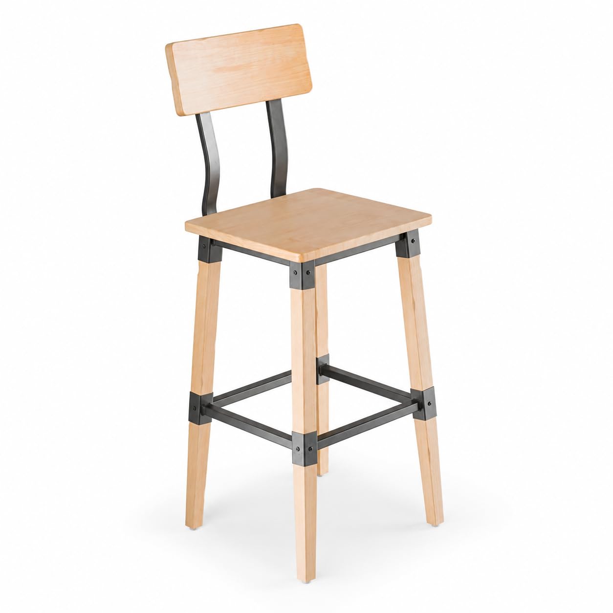 Glownary Lancaster Table & Seating Industrial Bar Stool, Bleached Oak, Wood Seat with Back, Metal Frame, 43 Inch Height, 350 lb Capacity, Indoor Use