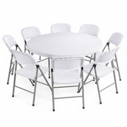 Glownary 60-Inch Round Folding Table Set with 8 Chairs, White Granite Plastic Top, Steel Frame, Indoor Outdoor Use, 250 lb Capacity
