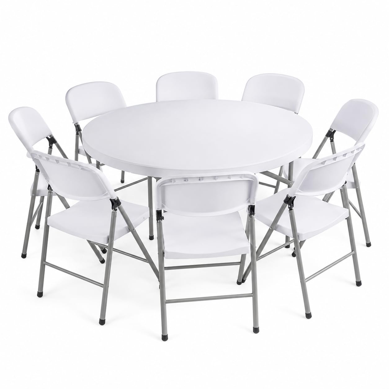 Glownary 60-Inch Round Folding Table Set with 8 Chairs, White Granite Plastic Top, Steel Frame, Indoor Outdoor Use, 250 lb Capacity