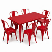 Glownary Outdoor Dining Set, Ruby Red Steel Table with 6 Cafe Chairs, 63x31.5 Inch Rectangular, Stackable, Indoor Outdoor Use