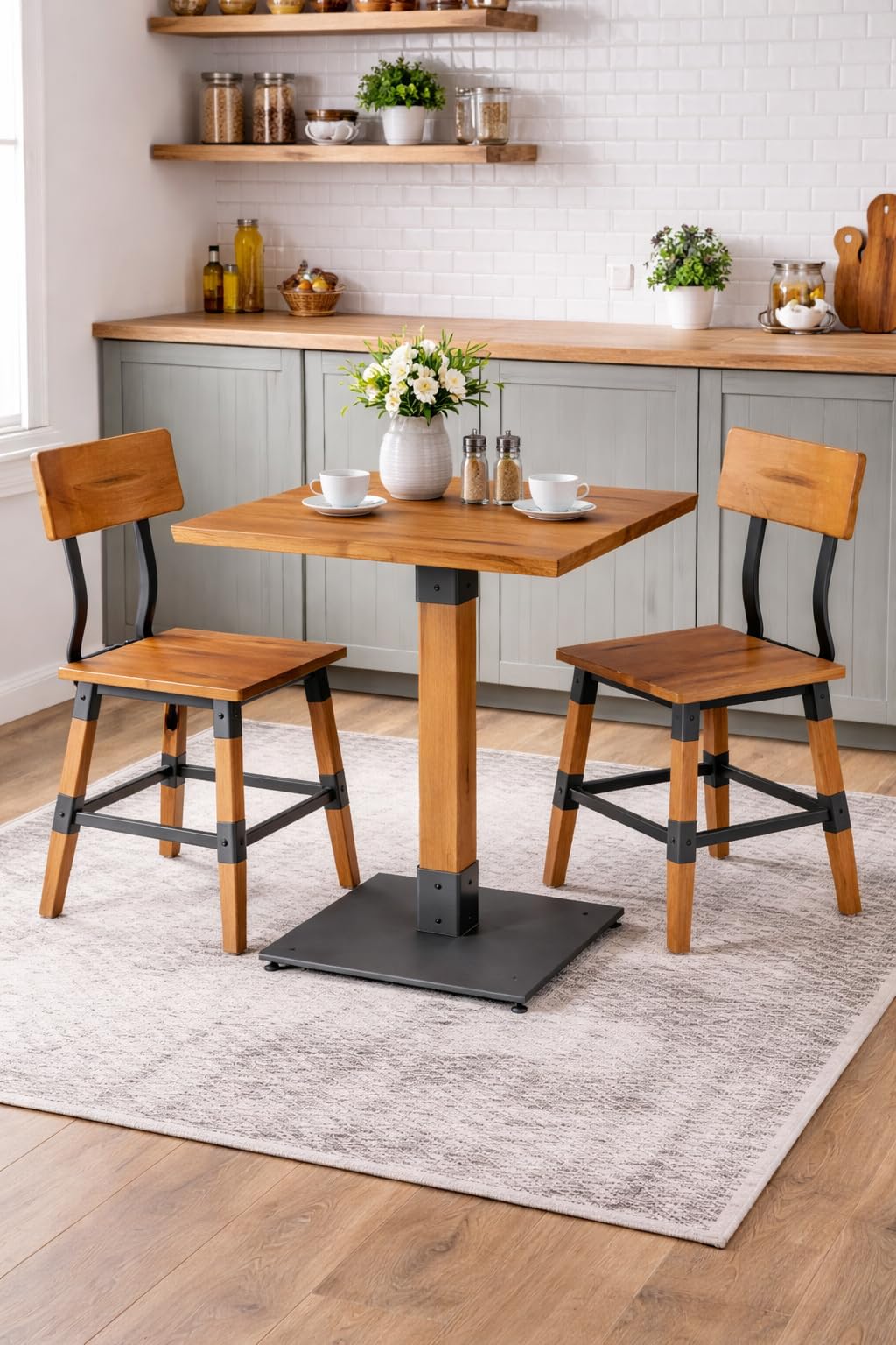 Glownary Industrial Table Base, Honey Maple Wood with Steel Base, 18.1x18.1x28.5 Inches, 400 lb Capacity, Standard Height, Square view 2