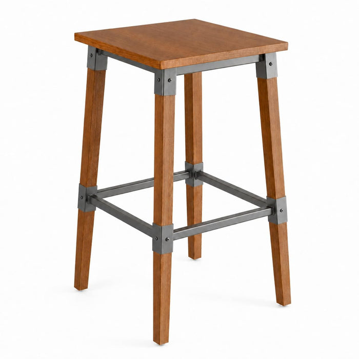 Glownary Industrial Backless Bar Stool, Rustic Walnut, Metal Steel Wood Frame, 28.5 Inch Height, 350 lb Capacity, Indoor Use