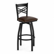 Glownary Cross Back Swivel Bar Stool, Black Steel Frame with Dark Brown Vinyl Padded Seat, 44.5 Inch Height, 330 lb Capacity