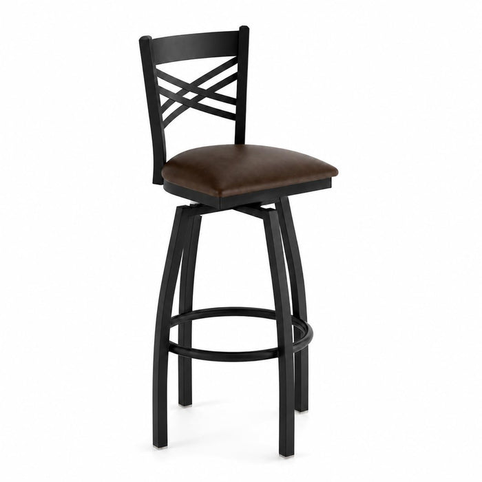 Glownary Cross Back Swivel Bar Stool, Black Steel Frame with Dark Brown Vinyl Padded Seat, 44.5 Inch Height, 330 lb Capacity