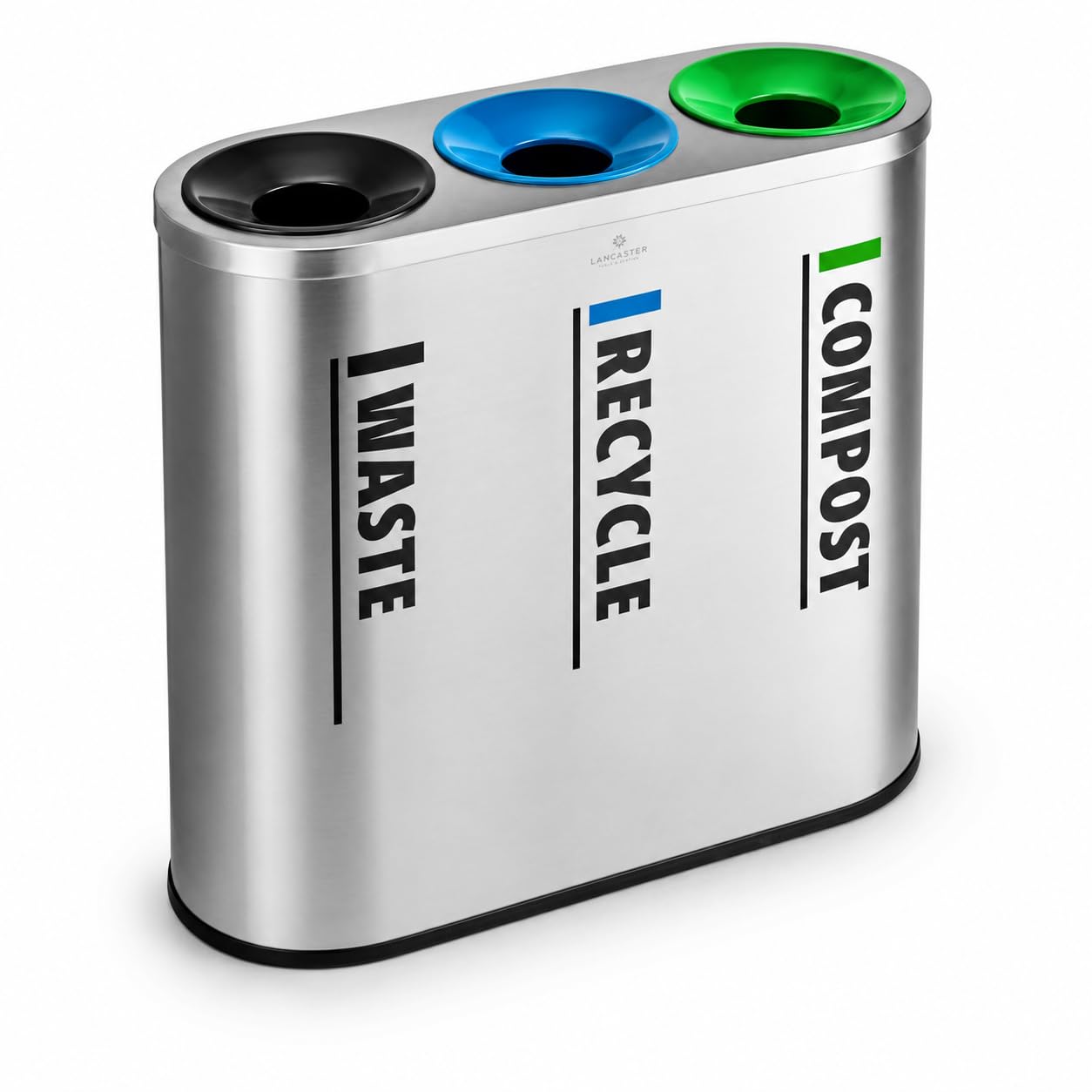 Glownary Stainless Steel Three-Stream Trash Can, Silver Black Blue Green, 33 Gallon, Indoor Commercial, 36x14x30 Inches