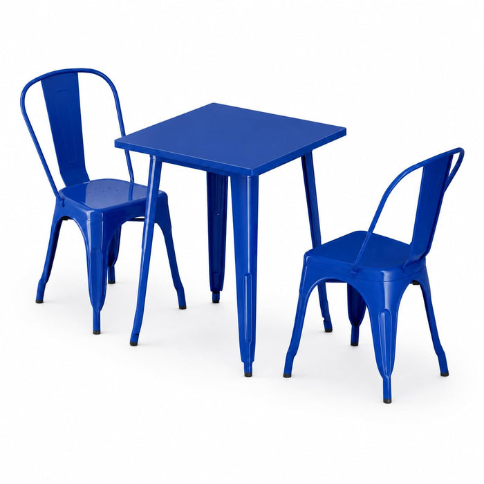 Glownary Alloy Square Outdoor Dining Set, Blue Quartz Steel Table 23.5x23.5 Inch with 2 Stackable Cafe Chairs, Standard Height for Indoor, Outdoor Use