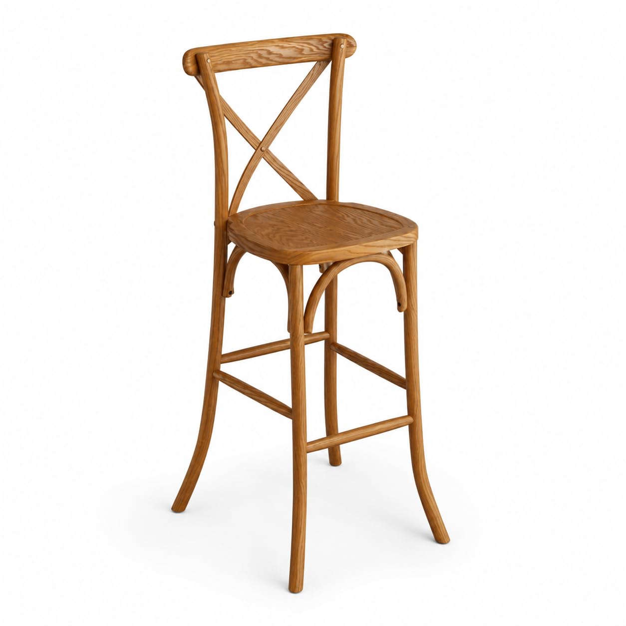 Glownary Vineyard Cross Back Bar Stool, Barrel Brown Ashwood, Traditional Style, Stackable, Indoor Use, 46 Inch Height, 300 lb Capacity