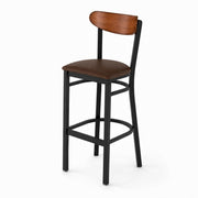 Glownary Boomerang Bar Stool, Black Metal Frame with Dark Brown Vinyl Seat, Antique Walnut Wood Back, 43.38 Inch Height, Mid-Century Style, 330 lb Capacity