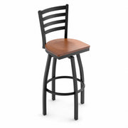 Glownary Ladder Back Swivel Bar Stool, Black Metal Frame, Antique Walnut Wood Seat, 44.5 Inch Height, 330 lb Capacity, Modern Style