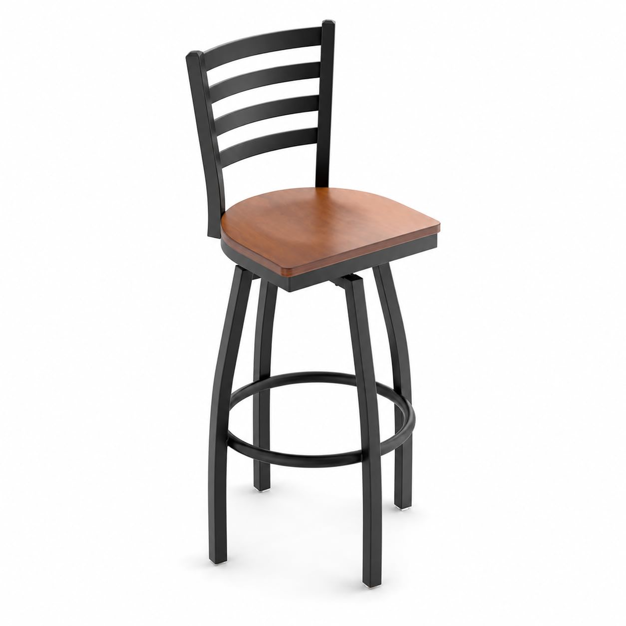 Glownary Ladder Back Swivel Bar Stool, Black Metal Frame, Antique Walnut Wood Seat, 44.5 Inch Height, 330 lb Capacity, Modern Style