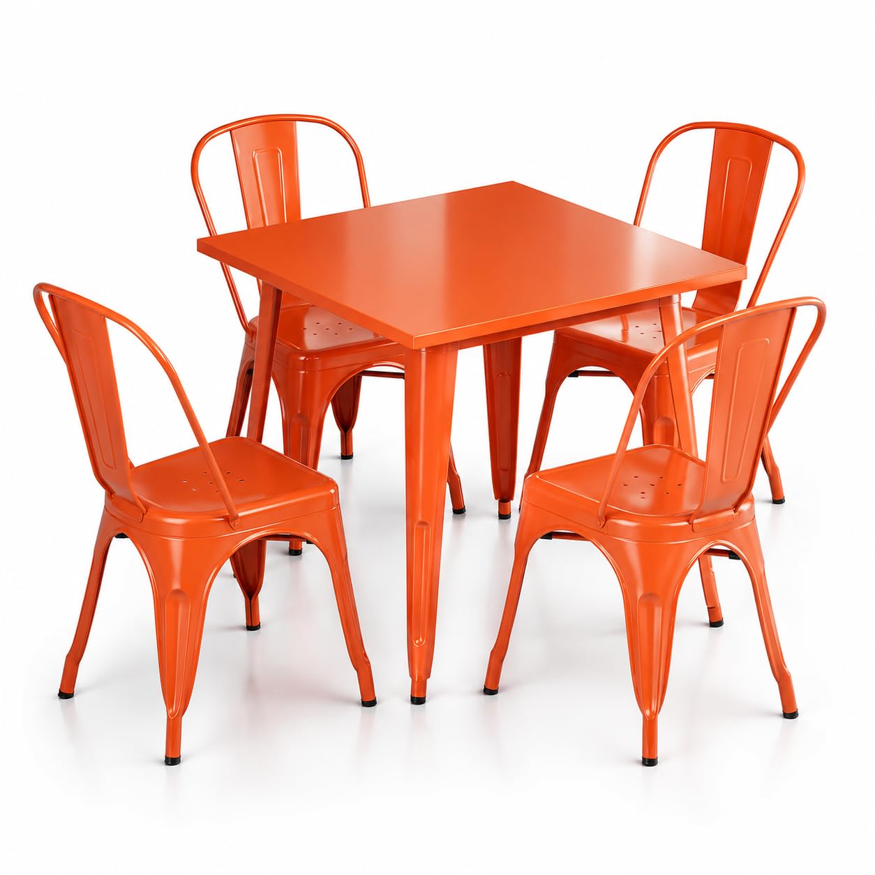 Glownary Alloy Square Outdoor Dining Table Set, Amber Orange Steel, 35.5 x 35.5 Inch, with 4 Stackable Cafe Chairs, Standard Height