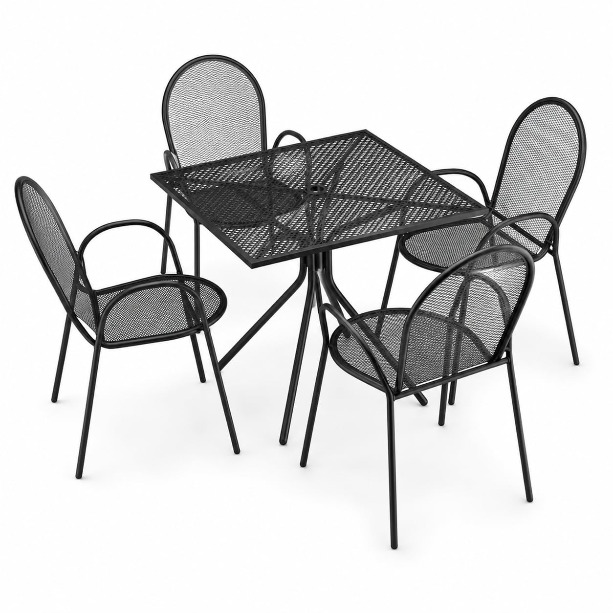 Glownary Harbor Outdoor Dining Set, Black Steel Square Table with 4 Mesh Arm Chairs, 36x36 Inch, Stackable, Powder-Coated, Umbrella Hole