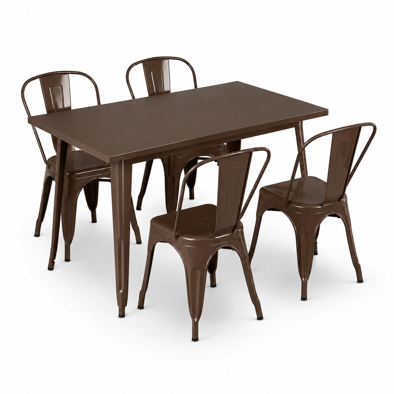 Glownary Alloy Rectangular Outdoor Dining Set, Copper Steel, 47.5x29.5 Inch Table with 4 Stackable Cafe Chairs, Standard Height