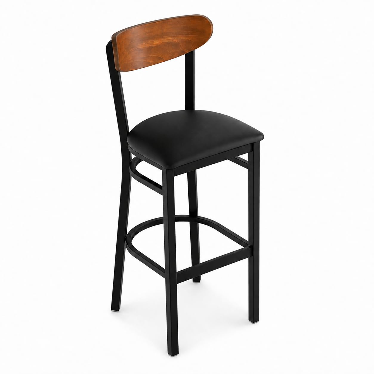 Glownary Boomerang Bar Stool, Black Steel Frame with Vinyl Seat, Brown Wood Back, Mid-Century Style, Bar Height 43.4 Inch, Indoor Commercial Use