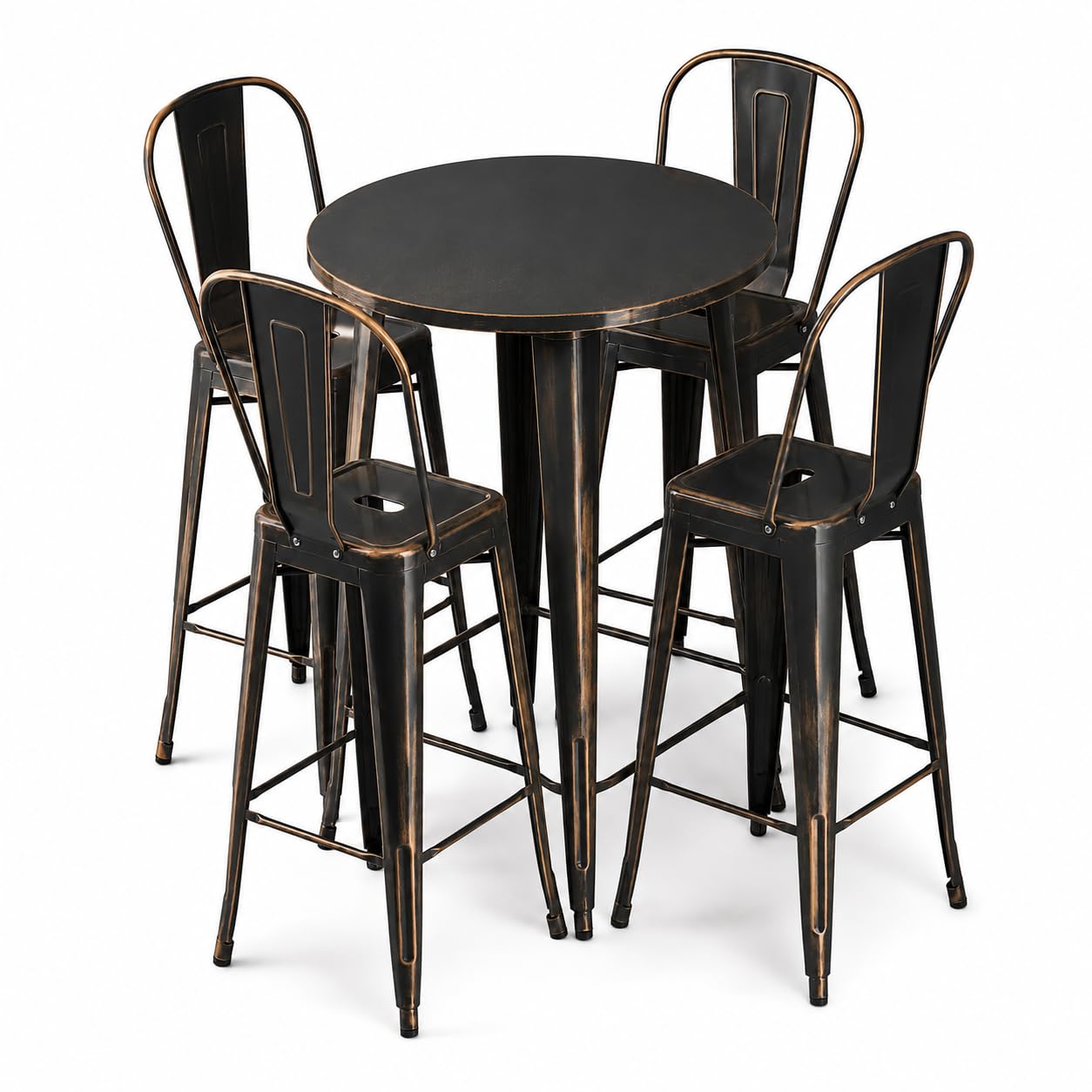 Glownary Alloy Round Bar Height Table Set with 4 Cafe Barstools, Distressed Copper, Steel, 30 Inch, Indoor Outdoor Use