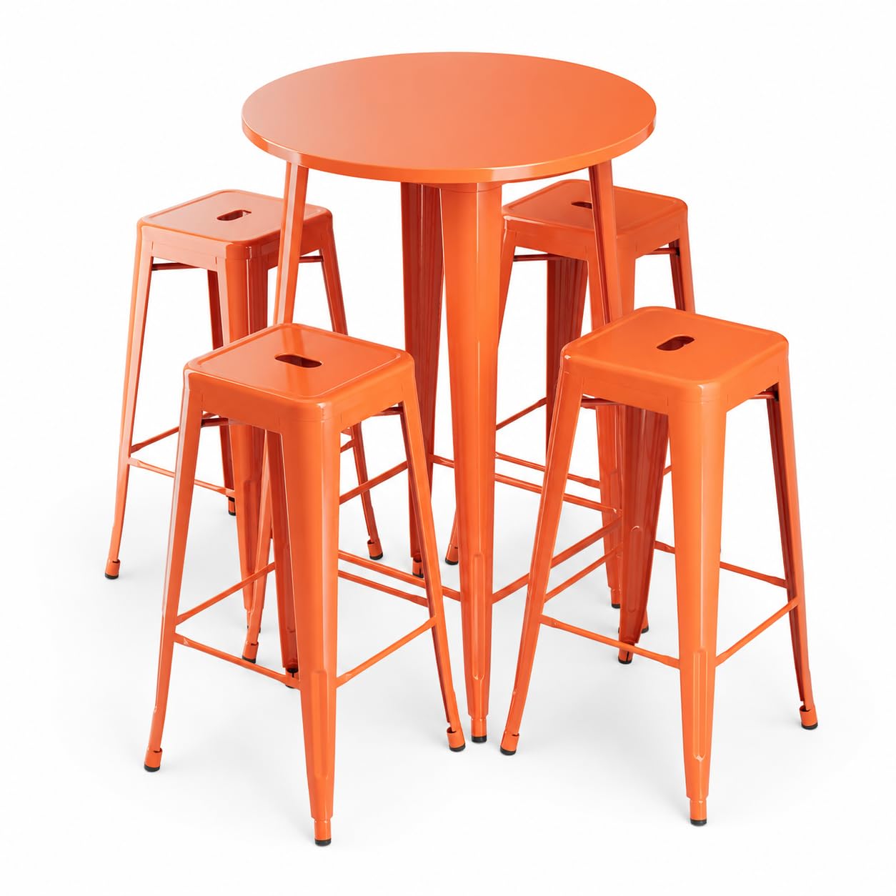 Glownary Alloy Round Bar Height Table Set, Amber Orange, Steel, 30 Inch, with 4 Stackable Backless Barstools, Indoor Outdoor