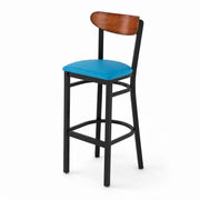 Glownary Boomerang Bar Stool, Black Steel Frame with Blue Vinyl Seat, Antique Walnut Wood Back, 43.38 Inch Height, Mid-Century Style, Indoor Commercial Use, 330 lb Capacity