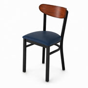Glownary Boomerang Chair, Black Steel Frame with Navy Vinyl Seat, Antique Walnut Wood Back, Mid-Century Style, 32 Inch Height, Indoor Commercial Use