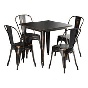 Glownary Outdoor Dining Set, Distressed Copper Steel Table with 4 Cafe Chairs, 31.5 x 31.5 Inch Square, Standard Height, Stackable, Indoor/Outdoor