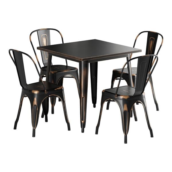Glownary Outdoor Dining Set, Distressed Copper Steel Table with 4 Cafe Chairs, 31.5 x 31.5 Inch Square, Standard Height, Stackable, Indoor/Outdoor