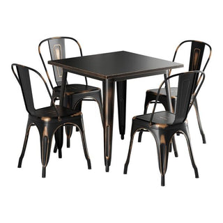 Glownary Outdoor Dining Set, Distressed Copper Steel Table with 4 Cafe Chairs, 31.5 x 31.5 Inch Square, Standard Height, Stackable, Indoor/Outdoor