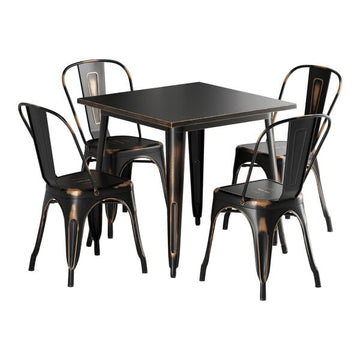 Glownary Outdoor Dining Set, Distressed Copper Steel Table with 4 Cafe Chairs, 31.5 x 31.5 Inch Square, Standard Height, Stackable, Indoor/Outdoor