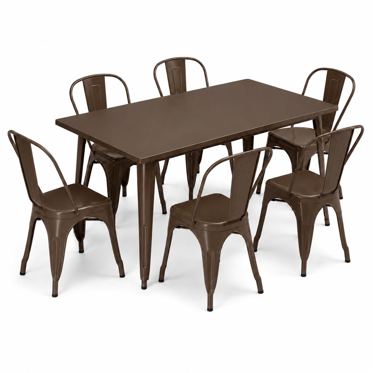 Glownary Alloy Outdoor Dining Set, Copper Steel Table with 6 Cafe Chairs, 63x31.5 Inch Rectangle, Stackable, Standard Height