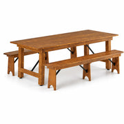 Glownary Vineyard Barrel Brown Wood Folding Table Set with Two Benches, 9 Ft Table, 8 Ft Benches, Pinewood, Indoor Use, Rectangle, Seats 6