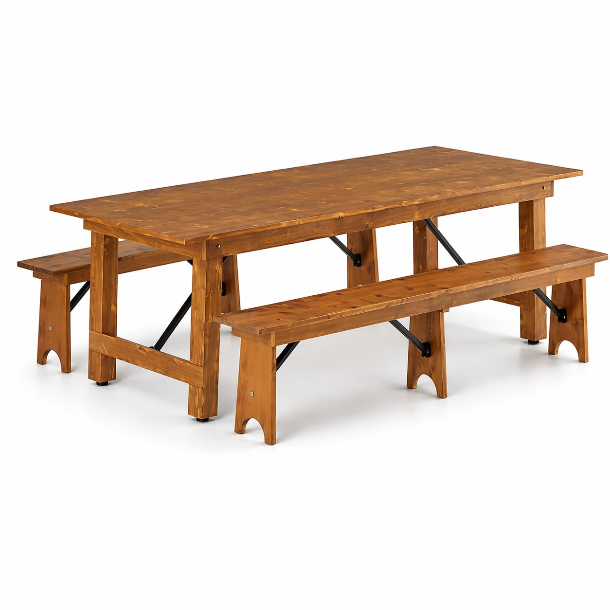 Glownary Vineyard Barrel Brown Wood Folding Table Set with Two Benches, 9 Ft Table, 8 Ft Benches, Pinewood, Indoor Use, Rectangle, Seats 6
