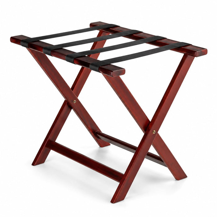 Glownary Mahogany Wood Folding Luggage Rack, Brown, Acacia Wood, 24.75x14.25x19.75 Inches, 70 lbs Capacity, Nylon Straps, Fully Assembled