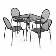 Glownary Harbor Outdoor Dining Set, Black Steel Mesh, 36-Inch Square Table with Ornate Legs, 4 Stackable Side Chairs, Standard Height, for Patio