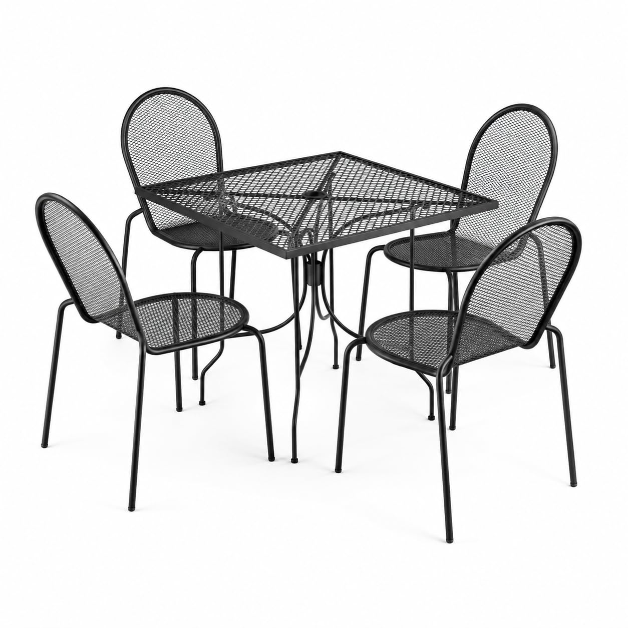 Glownary Harbor Outdoor Dining Set, Black Steel Mesh, 36-Inch Square Table with Ornate Legs, 4 Stackable Side Chairs, Standard Height, for Patio
