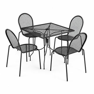 Glownary Harbor Outdoor Dining Set, Black Steel Mesh, 36-Inch Square Table with Ornate Legs, 4 Stackable Side Chairs, Standard Height, for Patio