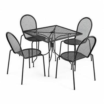 Glownary Harbor Outdoor Dining Set, Black Steel Mesh, 36-Inch Square Table with Ornate Legs, 4 Stackable Side Chairs, Standard Height, for Patio