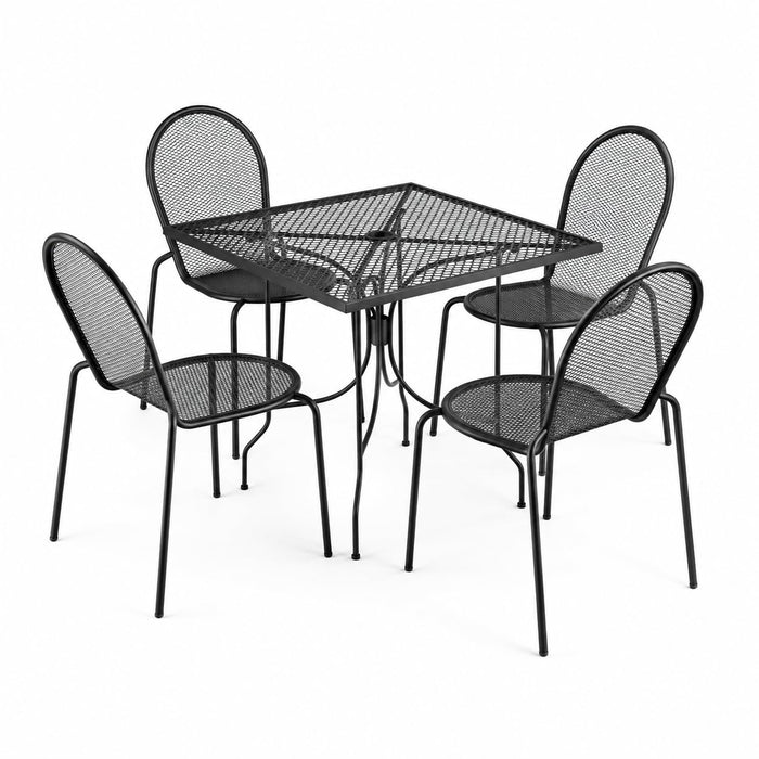 Glownary Harbor Outdoor Dining Set, Black Steel Mesh, 36-Inch Square Table with Ornate Legs, 4 Stackable Side Chairs, Standard Height, for Patio