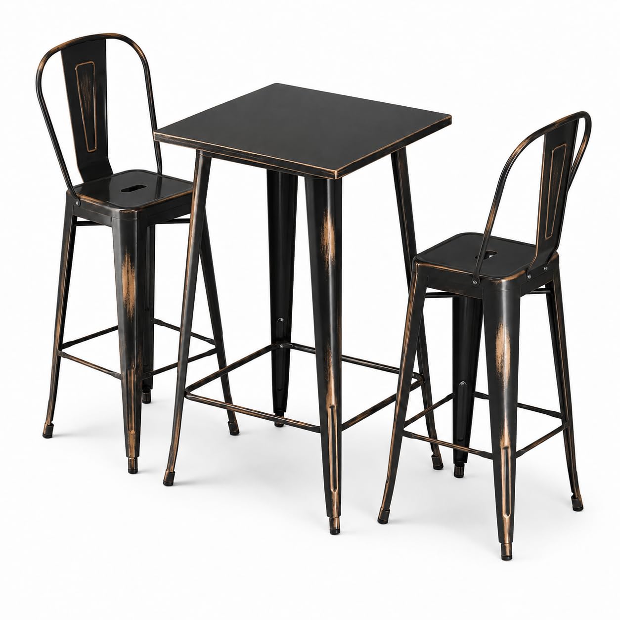 Glownary Alloy Square Bar Height Table Set with 2 Cafe Barstools, Distressed Copper Steel, 23.5x23.5 Inch, Indoor Outdoor Use