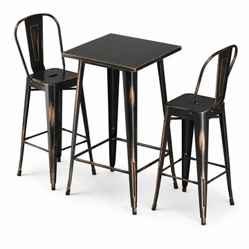 Glownary Alloy Square Bar Height Table Set with 2 Cafe Barstools, Distressed Copper Steel, 23.5x23.5 Inch, Indoor Outdoor Use