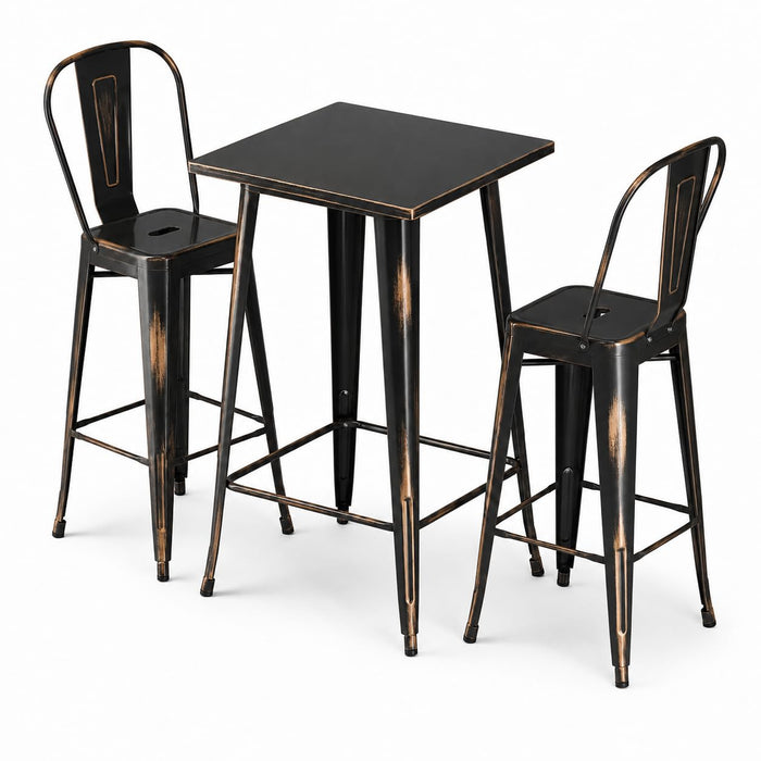 Glownary Alloy Square Bar Height Table Set with 2 Cafe Barstools, Distressed Copper Steel, 23.5x23.5 Inch, Indoor Outdoor Use