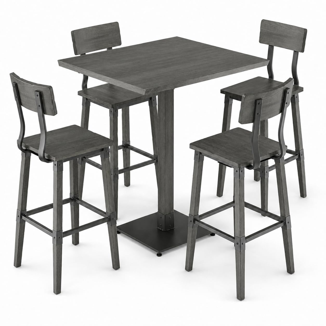 Glownary Industrial Square Bar Height Table Set with 4 Stools, Slate Gray Solid Wood, Live Edge, 36 Inch, Steel Base