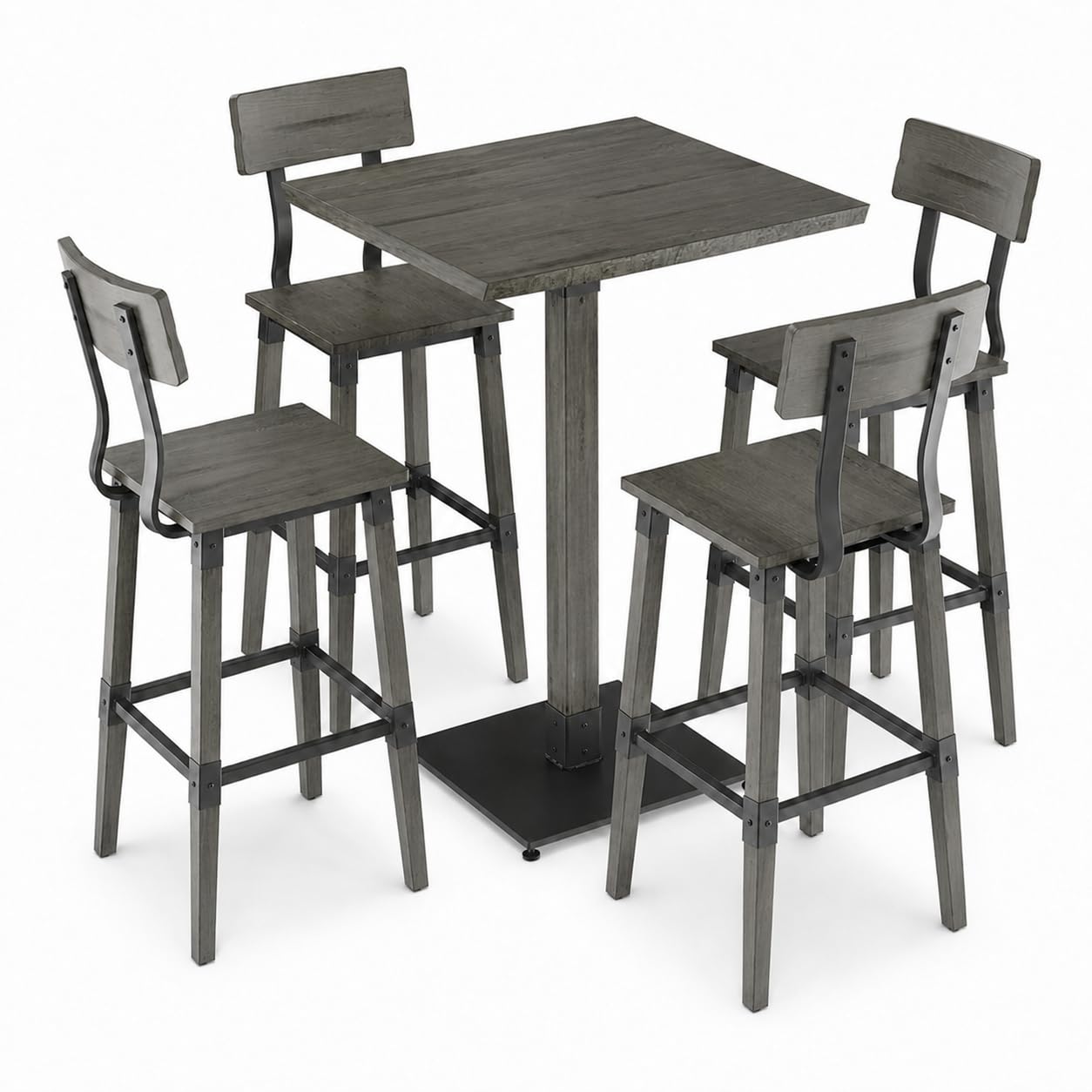 Glownary Industrial Square Bar Height Table Set with 4 Stools, Slate Gray Solid Wood, 30 Inch Live Edge Top, Steel Base