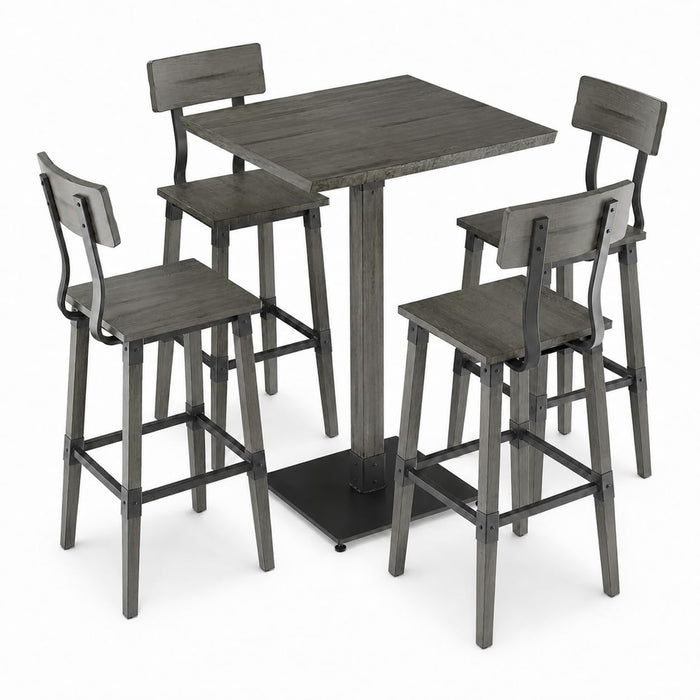 Glownary Industrial Square Bar Height Table Set with 4 Stools, Slate Gray Solid Wood, 30 Inch Live Edge Top, Steel Base