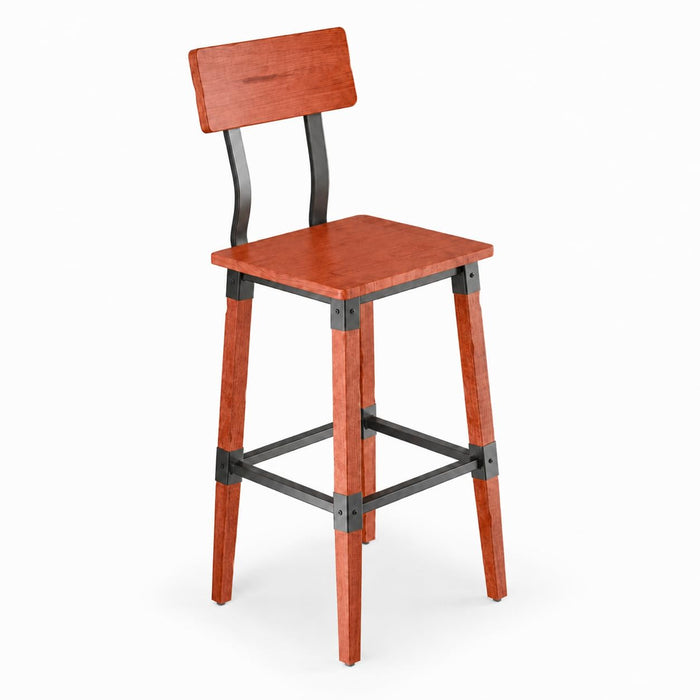 Glownary Industrial Bar Stool, Rustic Mahogany Wood with Black Metal Frame, 43 Inch Height, 350 lb Capacity, Contoured Back